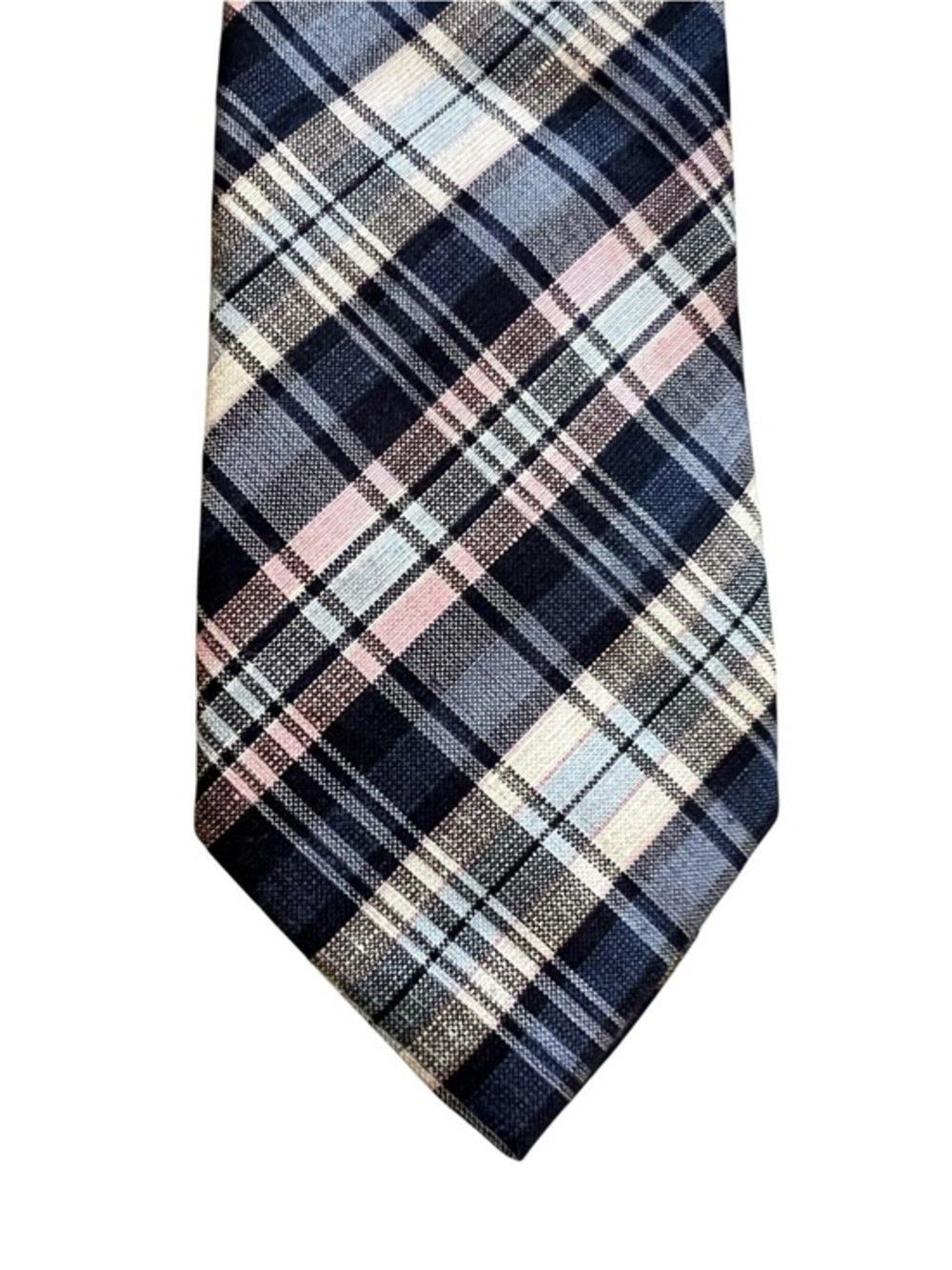 Charles Tyrwhitt luxe navy pink & white plaid linen silk blend tie, 3.5” wide